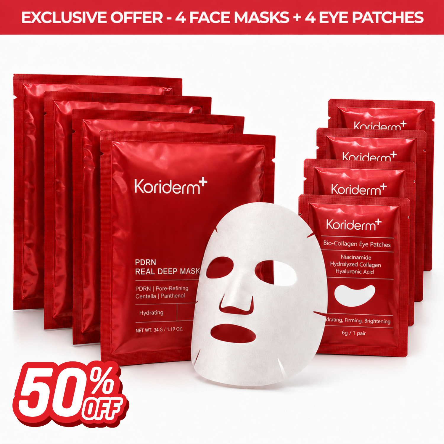 PDRN - 4 Mascarillas Profundas + 4 Parches de Ojos